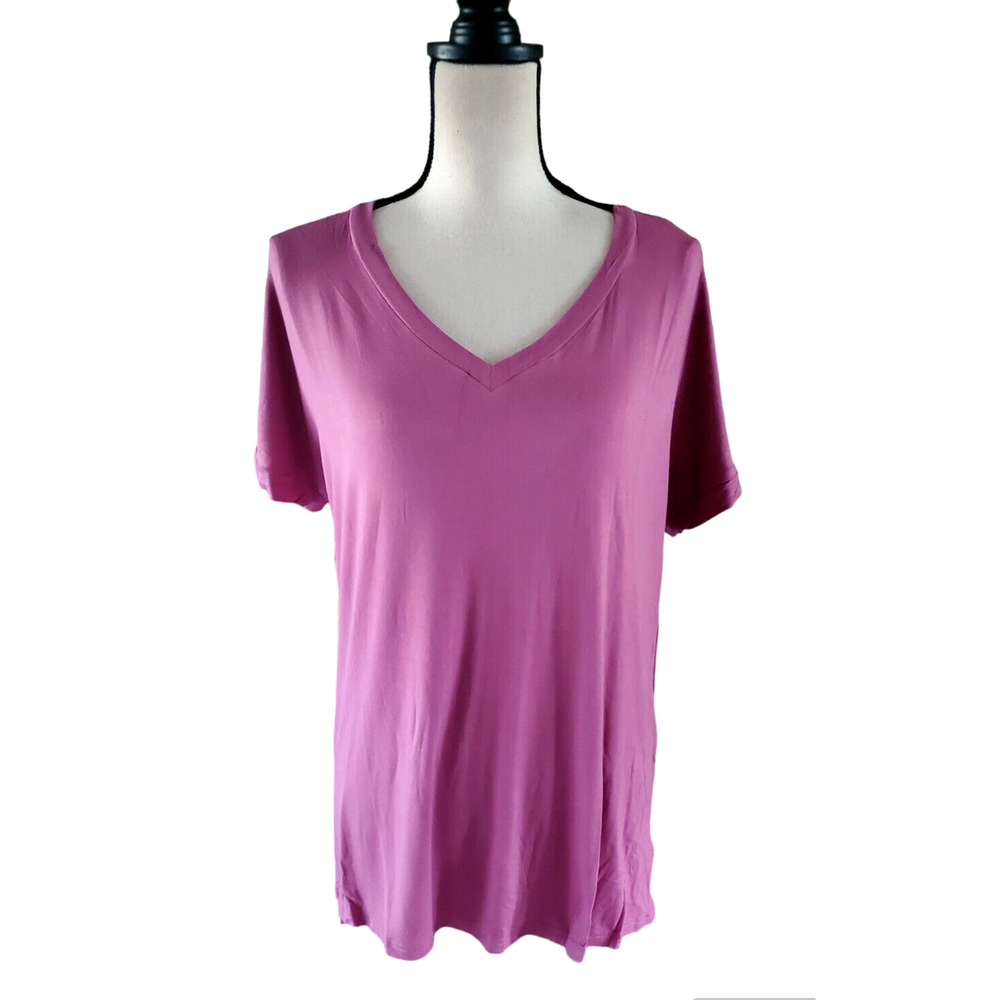 Feiersi Boutique Pink V-Neck Long Stretch Knit Short Sleeve Top Sz L NWT